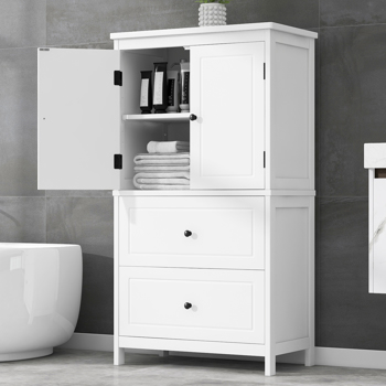 Bathroom Storage Cabinet, Cabinet with Two Doors and Drawers, Adjustable Shelf, MDF Board, White 