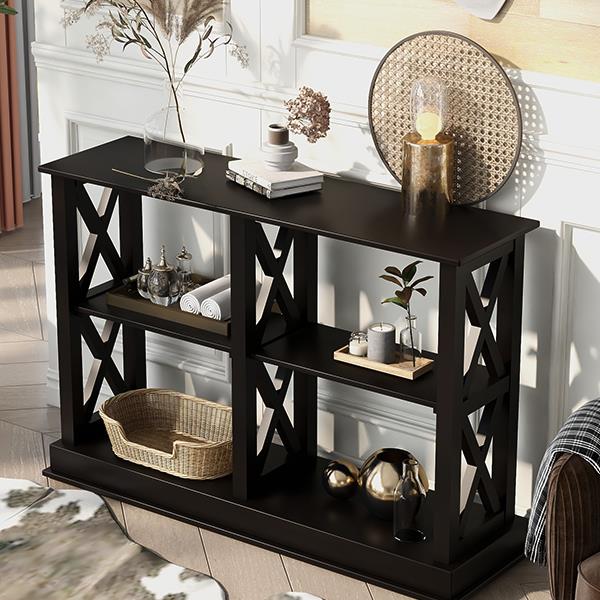 Console Table with 3-Tier Open Storage Spaces and "X" Legs, Narrow Sofa Entry Table for Living Room, Entryway and Hallway (Black)