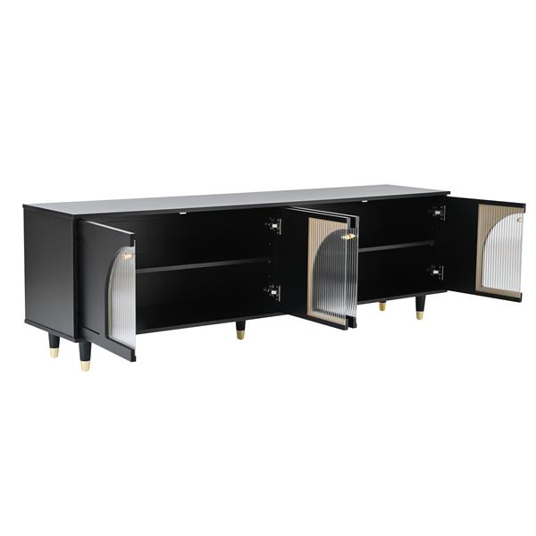 Contemporary TV Stand with Adjustable Shelves for TVs Up to 78'', Stylish Media Console with Gold Handles and Arch Fluted Glass Doors, Delicate Entertainment Center for Living Room, Black