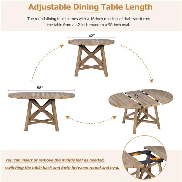 5-Piece Retro Functional Dining Set with Extendable Round Table with Removable Middle Leaf and 4 Upholstered Chairs for Dining Room and Living Room (Natural Wood Wash)