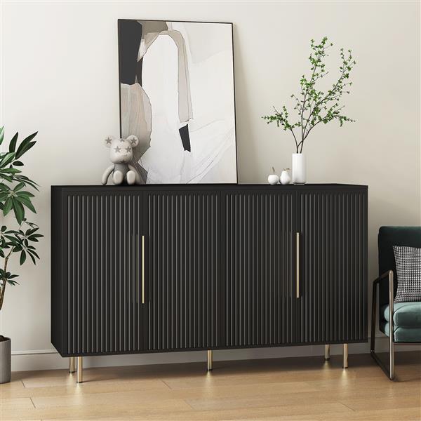 Black Modern Buffet Cabinet with Storage, Fluted Sideboard Large Buffet with Adjustable Shelves, Credenza, Accent Cabinet Console Table