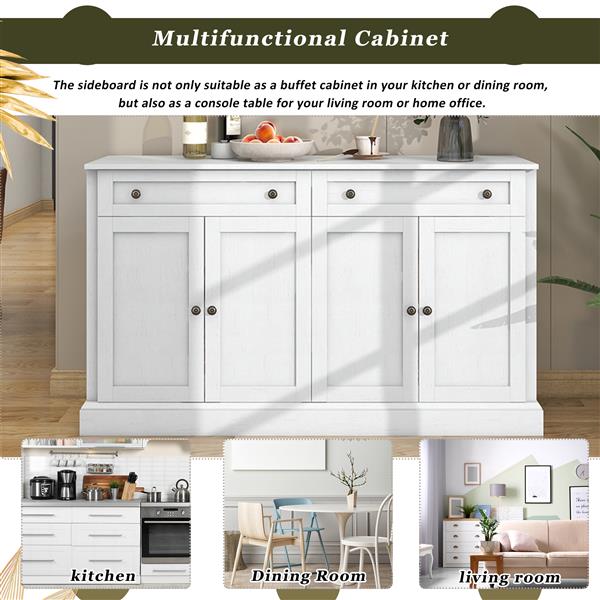 Kitchen Sideboard Storage Buffet Cabinet with 2 Drawers & 4 Doors Adjustable Shelves for Dining Room, Living Room (Antique White)