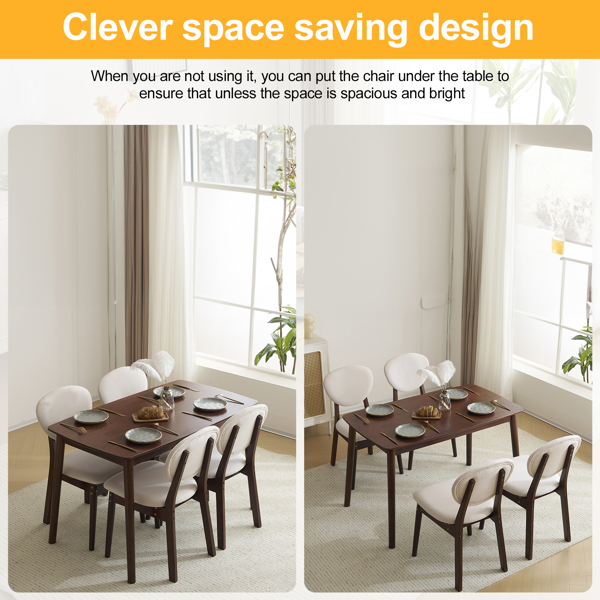 Rubber wood soft bag deep walnut dining table and chair set 1 table 4 chairs beige cushion rectangular