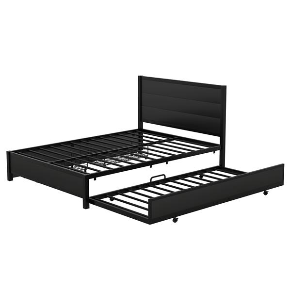 Metal Queen Size Storage Platform Bed with Twin Size Trundle and 2 Drawers, Black