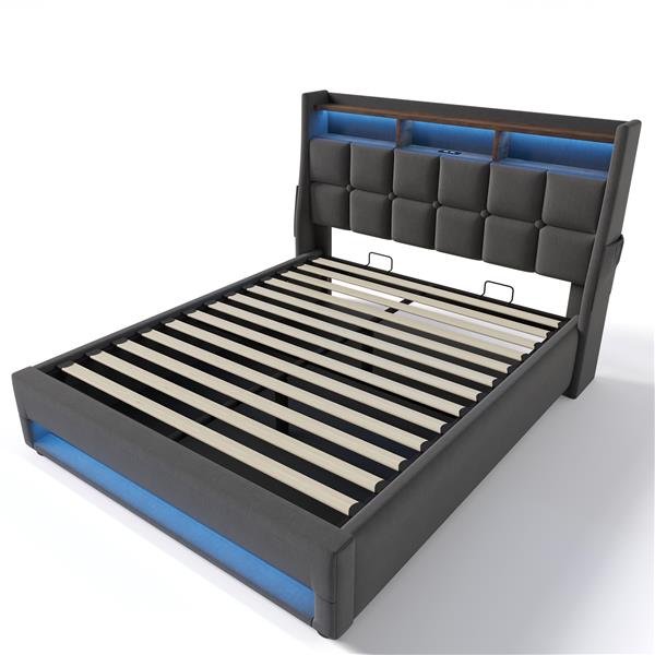 Full size Upholstered Platform bed with a Hydraulic Storage System, LED and USB Charging, Grey (without mattress)