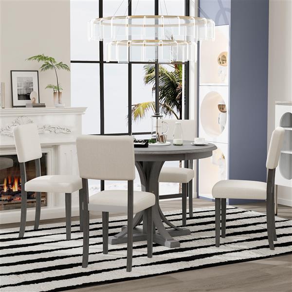 5-Piece Retro Round Dining Table Set with Curved Trestle Style Table Legs and 4 Upholstered Chairs for Dining Room (Dark Gray)