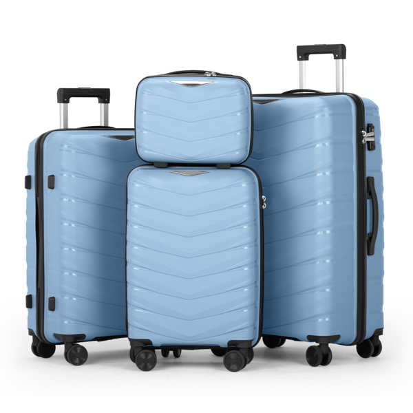 FCH V-shaped stripes 4-piece suitcase with PP handbag PP trolley case 14in 20in 24in 28in PP iron trolley fashionable color - sky blue (grain pattern)