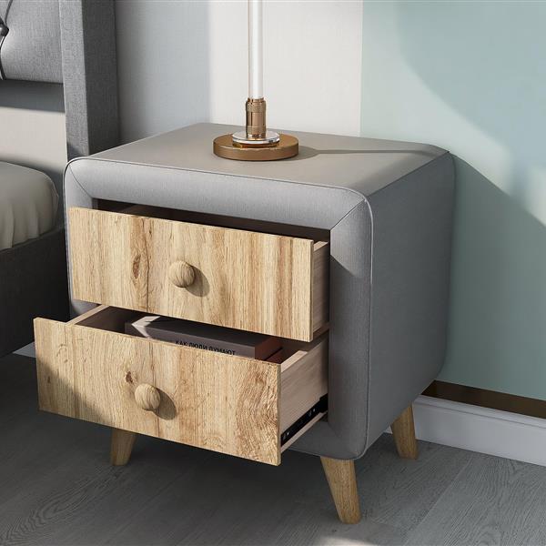 Upholstered Wooden Nightstand with 2 Drawers,Fully Assembled Except Legs and Handles,Bedside Table with Rubber Wood Leg-Gray