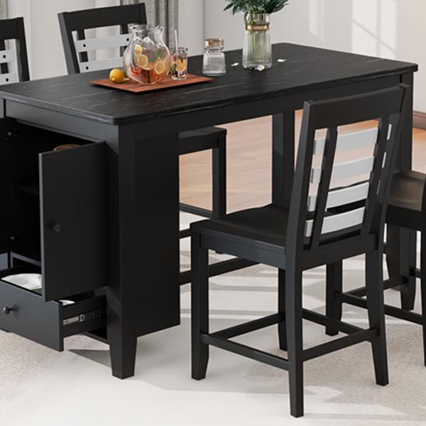 Counter Height 5-piece Dining Table Set with Faux Marble Tabletop, Solid Wood Table Set with Storage Cabinet and Drawer, Black