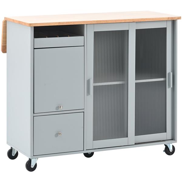 Kitchen Island with Drop Leaf, LED Light Kitchen Cart on Wheels with 2 Fluted Glass Doors and 1 Flip Cabinet Door, Large Kitchen Island Cart with an Adjustable Shelf and 2 Drawers (Grey Blue)