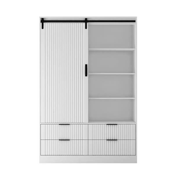 Tall Bedroom Armoire Wardrobe Closet Clothing Storage Cabinet with Hanging Rod Barn Door Drawers Open Shelves