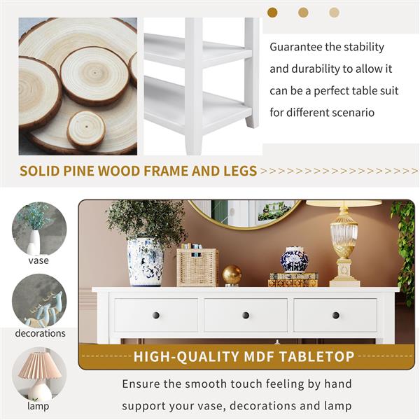 Retro Design Console Table with Two Open Shelves, Pine Solid Wood Frame and Legs for Living Room (Antique White)