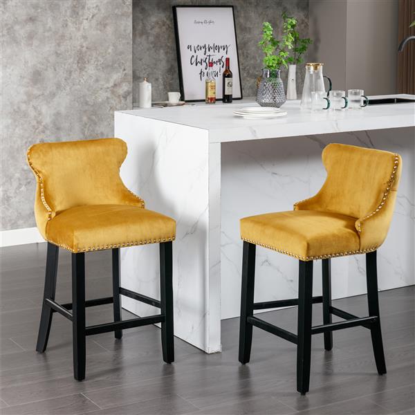 Contemporary Velvet Upholstered Wing-Back Barstools with Button Tufted Decoration and Wooden Legs, and Chrome Nailhead Trim, Leisure Style Bar Chairs,Bar stools,Set of 4 (ld),SW1824GLx2 cartons