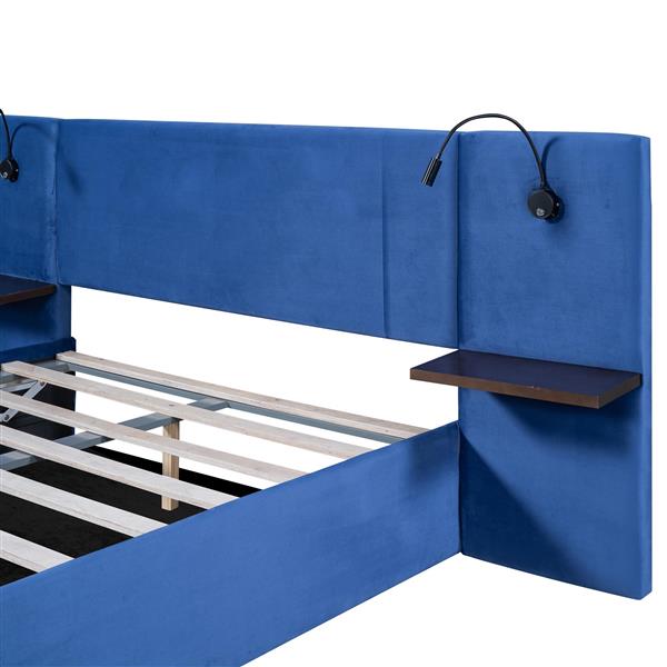 Full Size Storage Upholstered Hydraulic Platform Bed with 2 Shelves, 2 Lights and USB, Blue