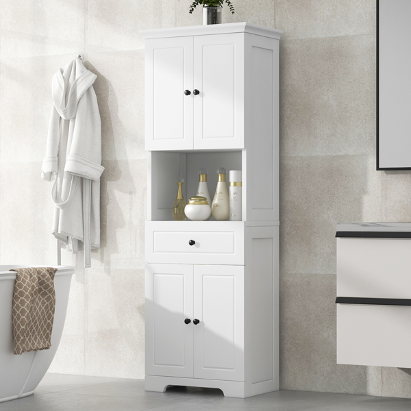 Tall Bathroom Cabinet with Four Doors, Large Storage Space Open Shelve, Upper Storage Cabinet, White 