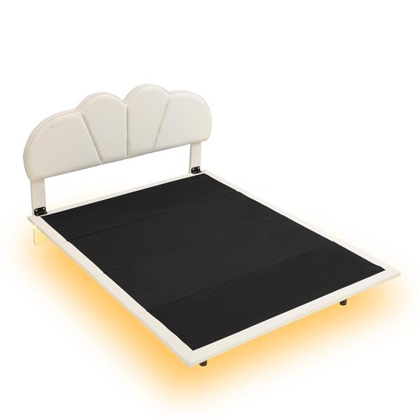 Full Size Upholstery LED Floating Bed with PU Leather Headboard and Support Legs,Beige