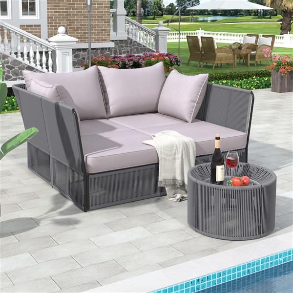 2-Piece Outdoor Sunbed and Coffee Table Set, Patio Double Chaise Lounger Loveseat Daybed with Clear Tempered Glass Table for the patio, poolside (Grey Cushion + Dark Grey Rope)