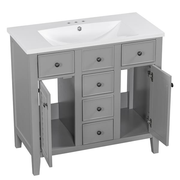 36" Bathroom Vanity with Ceramic Basin, Two Cabinets and Five Drawers, Solid Wood Frame, Grey