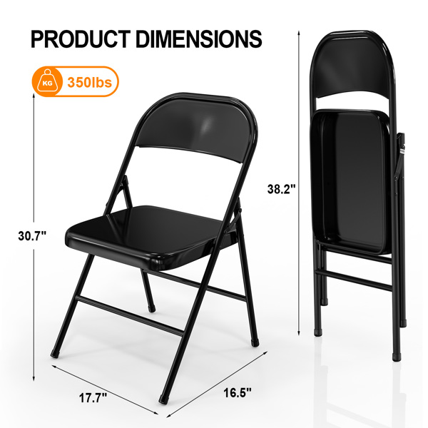 4 Pack Metal Frame Folding Chairs, Portable Stackable Commercial Seat with Steel Frame 350 LBS Capacity for Home Office Events Party, Black