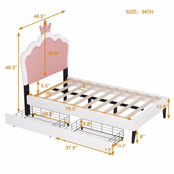 Twin Size Upholstered Princess Bed With Crown Headboard and 2 Drawers,Twin Size Platform Bed with Headboard and Footboard, Pink+White 