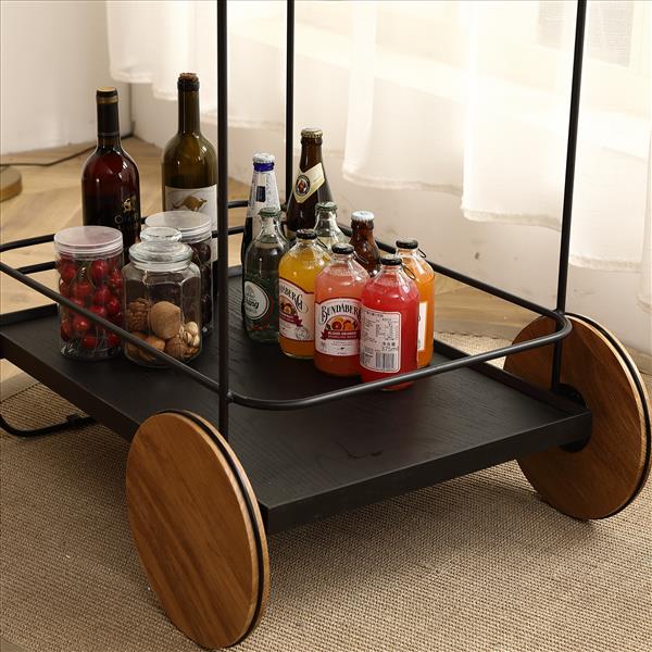 Oak Hotel Restaurant Cart - Small Dining Car 30.7 Inches - White Rubber and Carbon Steel Materials 30.71inch