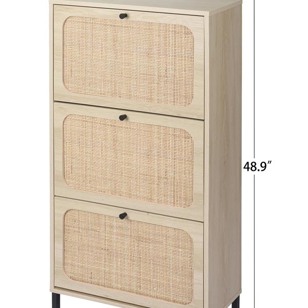 Natural  Rattan 3 Door Shoe Rack, Freestanding Modern Shoe Storage Cabinet, for Entryway