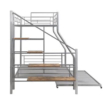 Twin over Full Size Metal Bunk Bed with Trundle and Storage Staircase, Silver