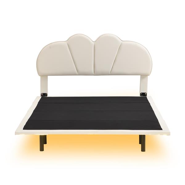 Full Size Upholstery LED Floating Bed with PU Leather Headboard and Support Legs,Beige