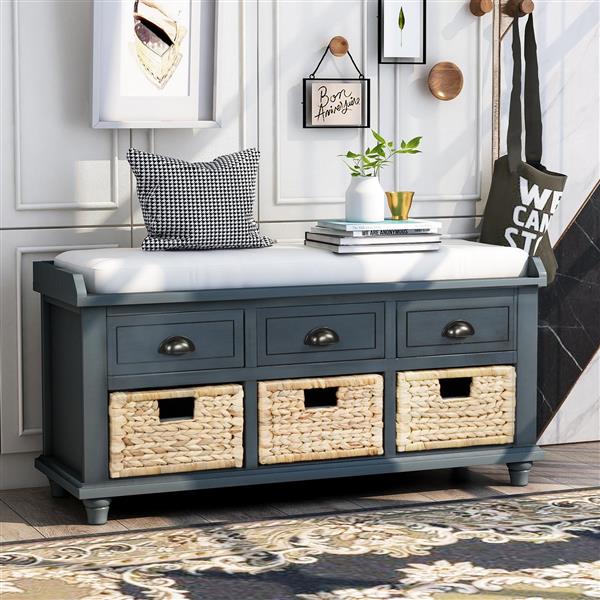 Rustic Storage Bench with 3 Drawers and 3 Rattan Baskets, Shoe Bench for Living Room, Entryway (Antique Navy)