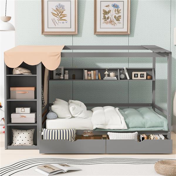 Full size House Bed with Two Drawers and Wardrobe,Gray