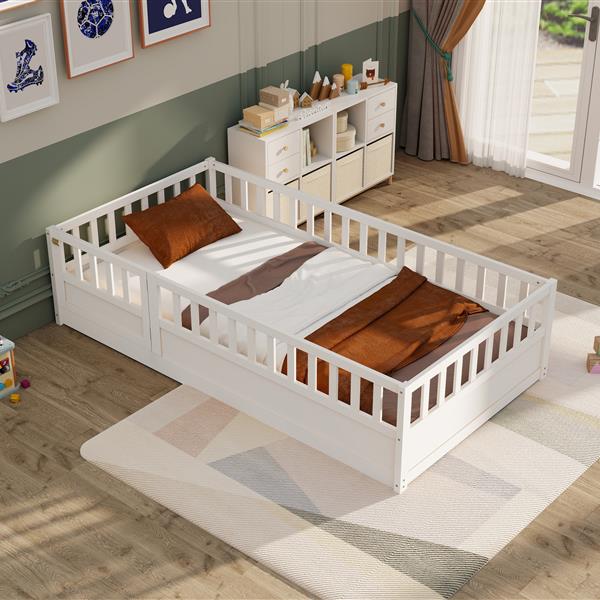 Twin Size Floor bed, integral construction with super high security barrier, door, children's floor bed frame, Montessori wooden children's floor bed, white