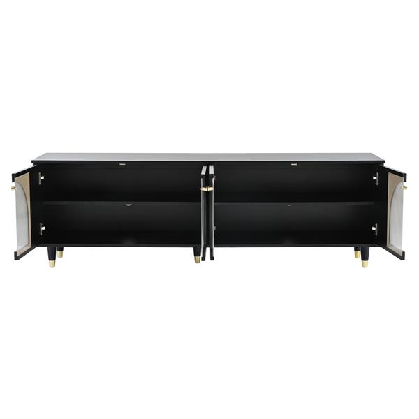 Contemporary TV Stand with Adjustable Shelves for TVs Up to 78'', Stylish Media Console with Gold Handles and Arch Fluted Glass Doors, Delicate Entertainment Center for Living Room, Black