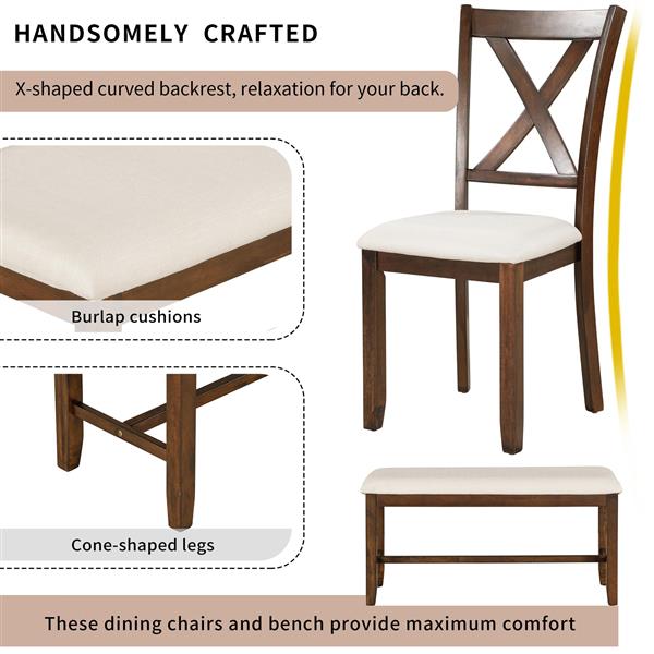 6-Piece Kitchen Dining Table Set Wooden Rectangular Dining Table, 4 Fabric Chairs and Bench Family Furniture (Natural Cherry)