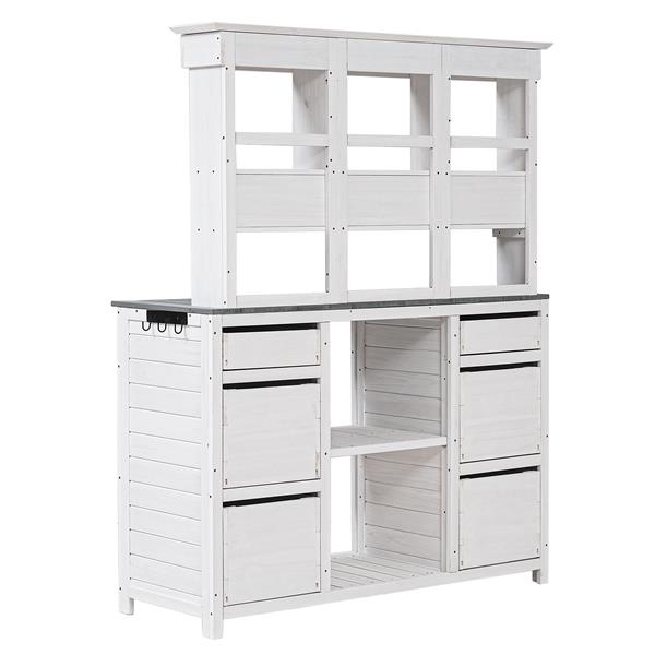 [Video Provided] Garden Potting Bench Table, Rustic and Sleek Design with Multiple Drawers and Shelves for Storage, White and Gray