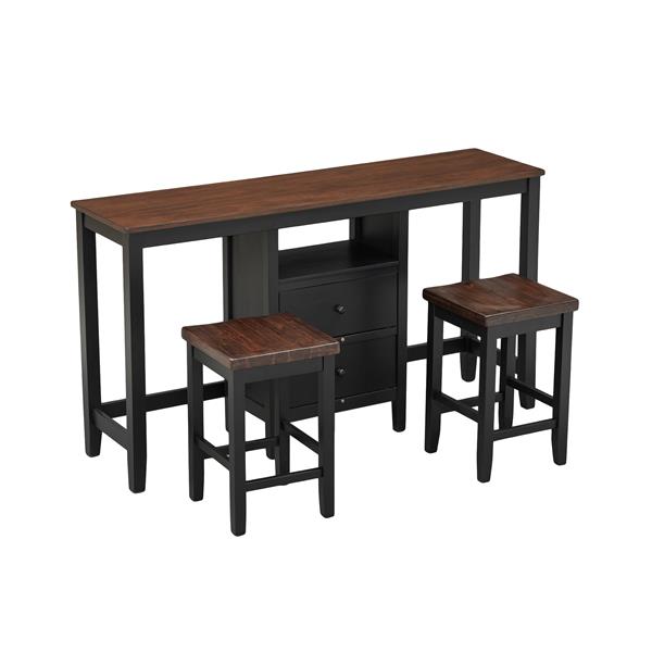 Farmhouse Rustic 3-piece Counter Height Wood Dining Table Set with Cabinet,2 Storage Drawers and 2 Stools for Small Places,Black+Cherry