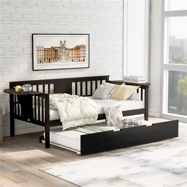 Twin Wooden Daybed with Trundle Bed  , Sofa Bed for Bedroom Living Room, Espresso