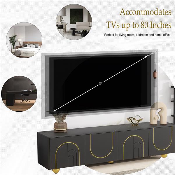 Modern TV Stand for TVs up to 75 Inches, Entertainment Center with Storage Cabinets and 1 Adjustable Shelf, Media Console with Marble-patterned Top and Golden Round Metal Legs for Living room