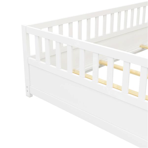 Full size  Floor bed, integral construction with super high security barrier, door, children's floor bed frame, Montessori wooden children's floor bed, Support slat white