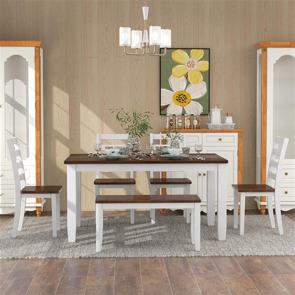 Rustic Style 6-Piece Dining Room Table Set with 4 Ernomic Designed Chairs & a Bench (Walnut + Cottage White)