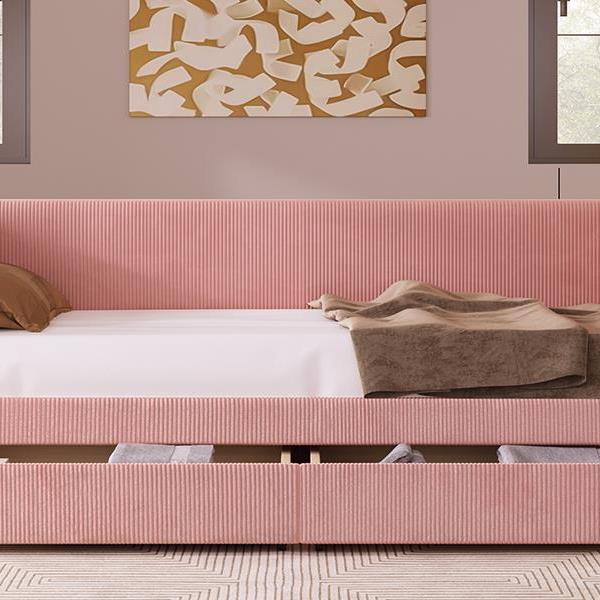 Twin Size Corduroy Daybed with Two Drawers and Wood Slat, Pink