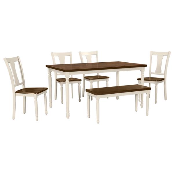 Classic 6-Piece Dining Set Wooden Table and 4 Chairs with Bench for Kitchen Dining Room (Brown+Cottage White)