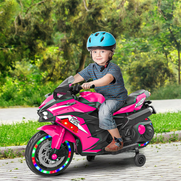 12V Electric Motorcycle for Kids, Powered Toy Motorcycle, Child Motorcycle Ride On with Light Wheels and Bluetooth Music Pink (No shipping on weekends)