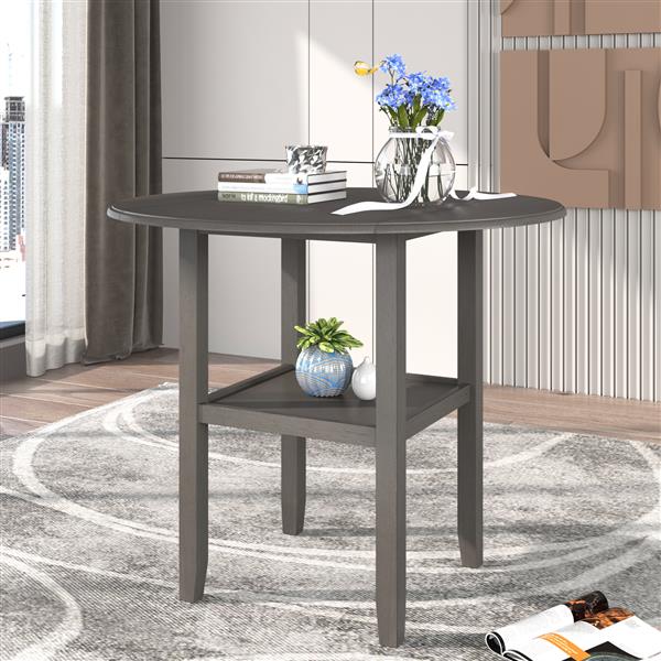 Farmhouse Round Counter Height Kitchen Dining Table with Drop Leaf  and One Shelf for Small Places, Gray