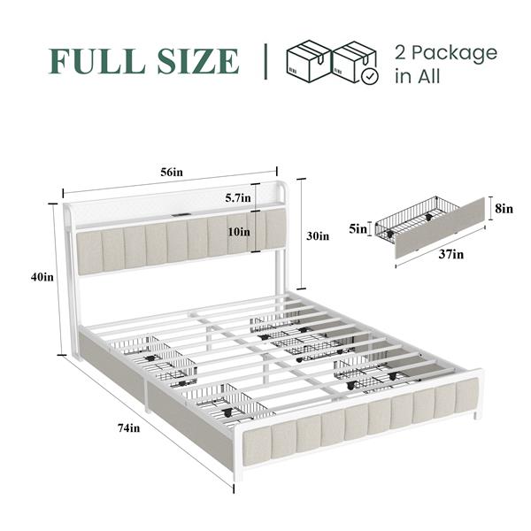 Full Size Platform Bed with 4 Drawers, Metal Bed Frame with LED Lights and Charging Station, No Box Spring Needed, (Beige),  Noise Free,Easy Assemble.