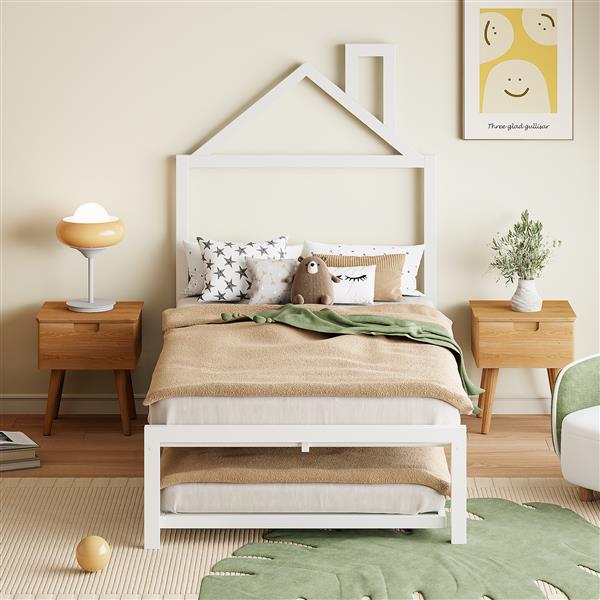 Twin Size Metal Platform Bed with twin size trundle,House-Shaped Headboard Design, White