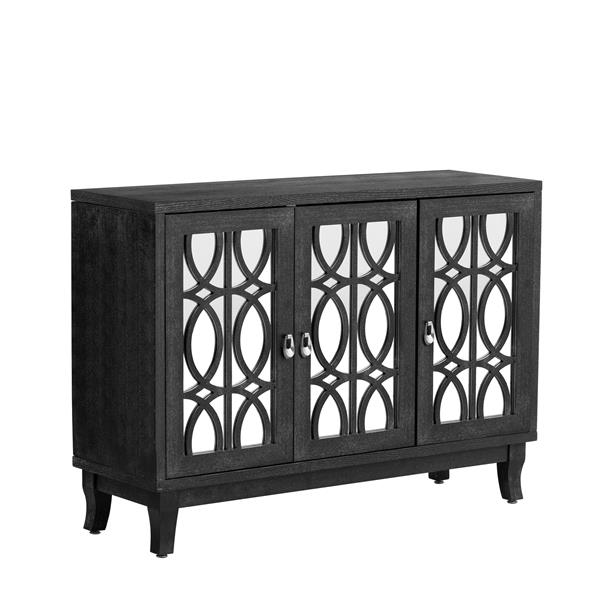 Sideboard with Glass Doors, 3 Door Mirrored Buffet Cabinet with Silver Handle for Living Room, Hallway, Dining Room (Black)