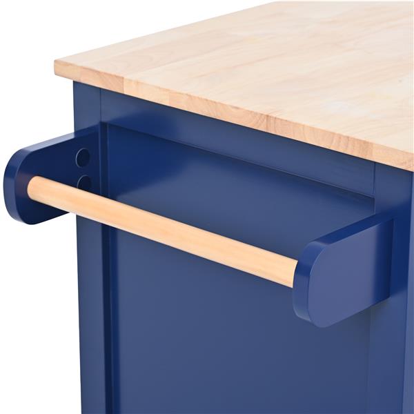 Kitchen Cart with Rubber Wood Countertop , Kitchen Island has 8 Handle-Free Drawers Including a Flatware Organizer and 5 Wheels for Kitchen Dinning Room, Dark Blue