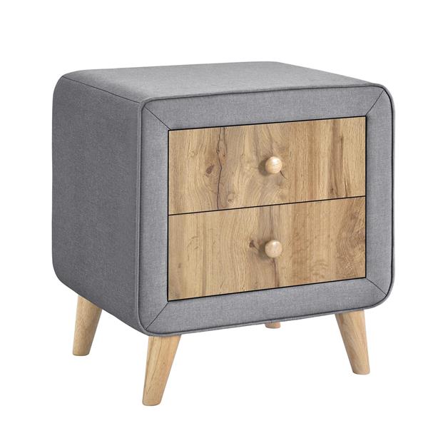 Upholstered Wooden Nightstand with 2 Drawers,Fully Assembled Except Legs and Handles,Bedside Table with Rubber Wood Leg-Gray