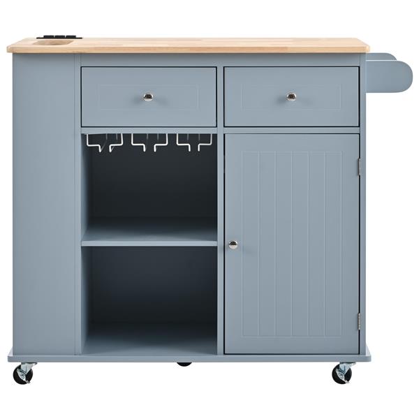 Kitchen Island with Power Outlet,Kitchen Storage Island with Drop Leaf and Rubber Wood,Open Storage and Wine Rack,5 Wheels,with Adjustable Storage for Home, Kitchen, and Dining Room, Grey Blue