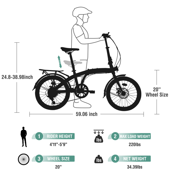 20" Folding Bike Steel Frame 7 Speed City Bike 